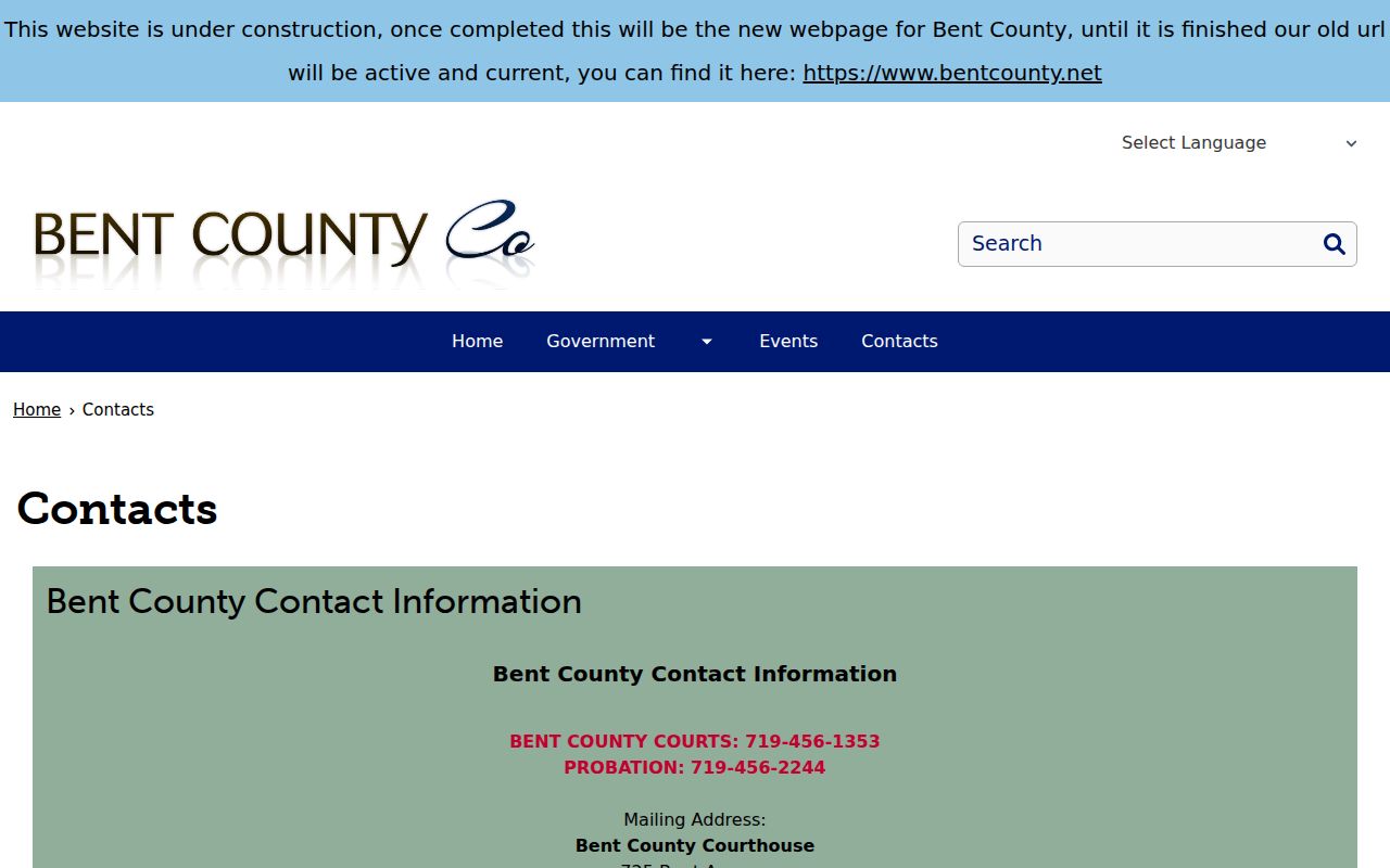 Bent County official court probation and sheriff contact directory