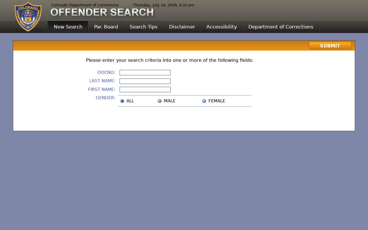 Colorado Department of Corrections inmate locator search fields