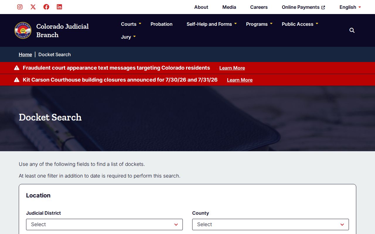 Colorado Judicial Branch docket search form for Bent County cases